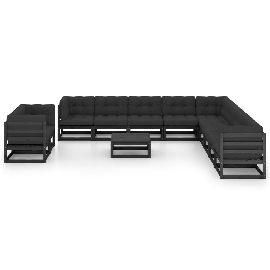 vidaXL 12-delige Loungeset met kussens massief grenenhout zwart